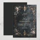Elegant Navy Blue Gold Pink Floral Night Wedding Kaart (Voorkant / Achterkant)