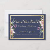 Elegant navy blue gold pink floral Save The Date (Voorkant)