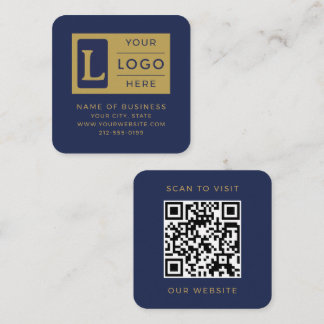 Elegant Navy Blue Gold QR Code Custom Logo Vierkante Visitekaartje