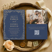 Elegant Navy Blue Gold QR Code Photo Wedding Kaart