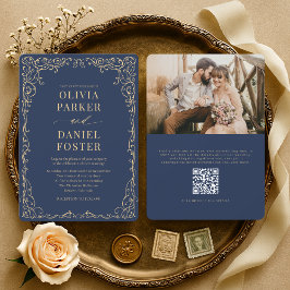 Elegant Navy Blue Gold QR Code Photo Wedding Kaart