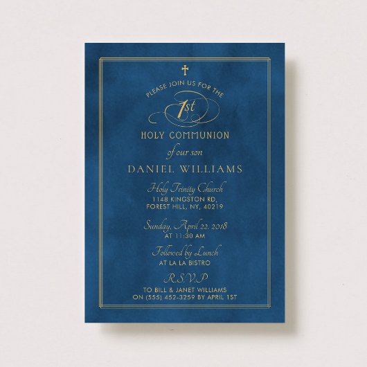Elegant Navy Blue & Gold Script 1st Heilige Commun Kaart