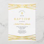 Elegant Navy Blue Gold Script Boy Baptisme Folie Uitnodiging (Voorkant)