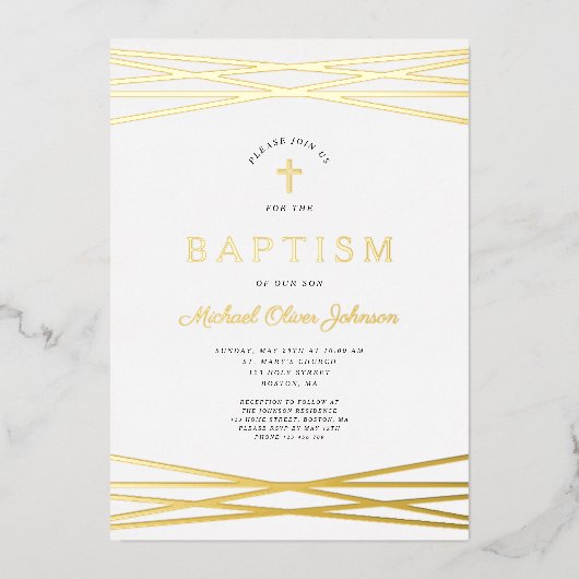 Elegant Navy Blue Gold Script Boy Baptisme Folie Uitnodiging (Voorkant)