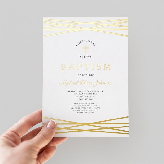 Elegant Navy Blue Gold Script Boy Baptisme Folie Uitnodiging