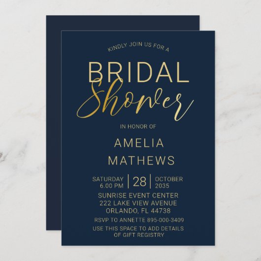 Elegant Navy Blue & Gold Script Vrijgezellenfeest Kaart (Voorkant / Achterkant)