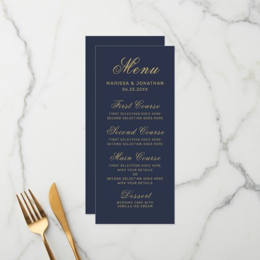 Elegant Navy Blue Gold Script Weddenschap Menu (Voorkant / Achterkant in situ)