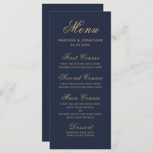 Elegant Navy Blue Gold Script Weddenschap Menu (Voorkant / Achterkant)