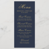 Elegant Navy Blue Gold Script Weddenschap Menu (Voorkant)