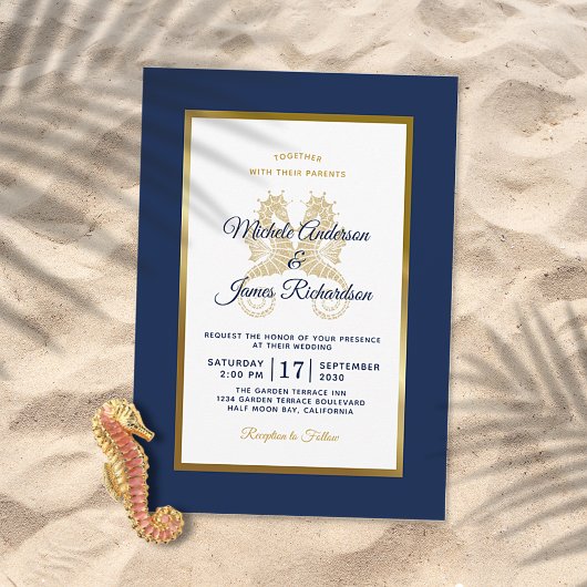 Elegant Navy Blue Gold Seapaarden Modern Wedding Kaart