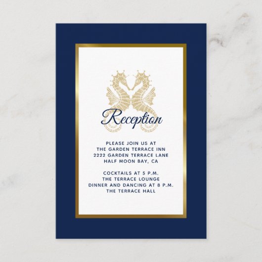 Elegant Navy Blue Gold Seapaarden Weddenschap Rece Informatiekaartje (Voorkant)