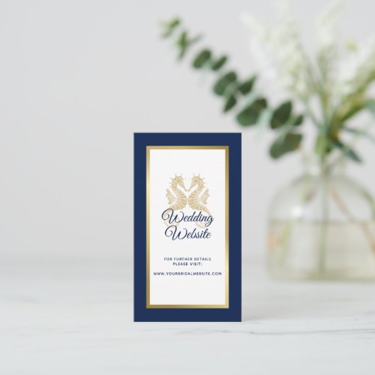 Elegant Navy Blue Gold Seapaarden Weddenschap Webs Informatiekaartje (Staand voorkant)