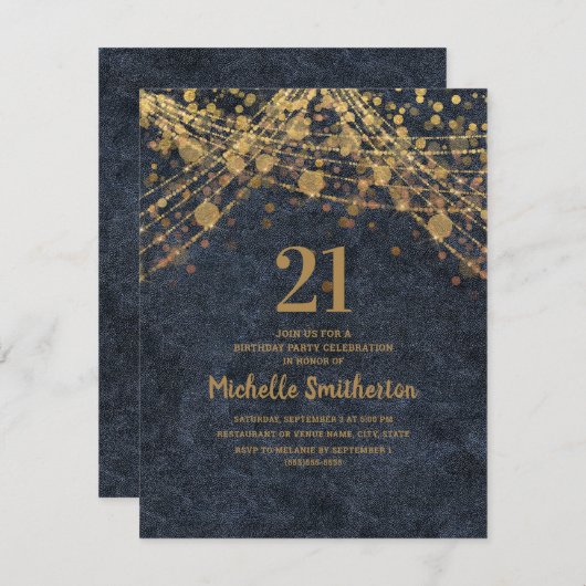 Elegant Navy Blue Gold String Lights 21ste verjaar Kaart (Voorkant / Achterkant)
