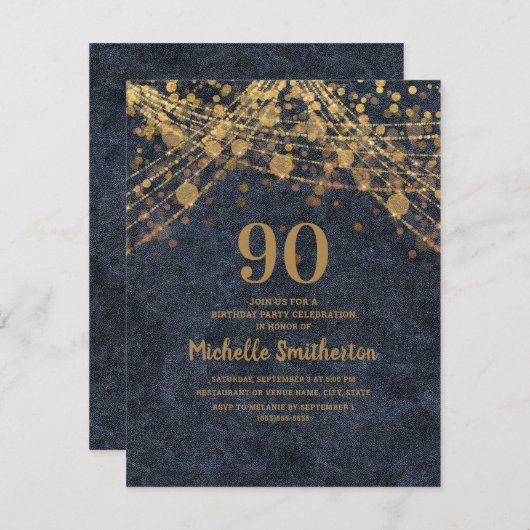 Elegant Navy Blue Gold String Lights 90th Kaart (Voorkant / Achterkant)