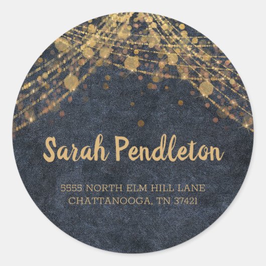 Elegant Navy Blue Gold String Lights Bokeh Adres Ronde Sticker (Voorkant)