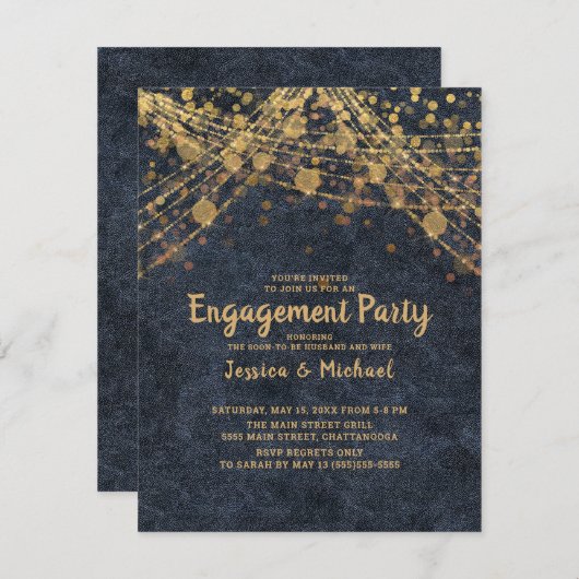 Elegant Navy Blue Gold String Lights Verloving Kaart (Voorkant / Achterkant)