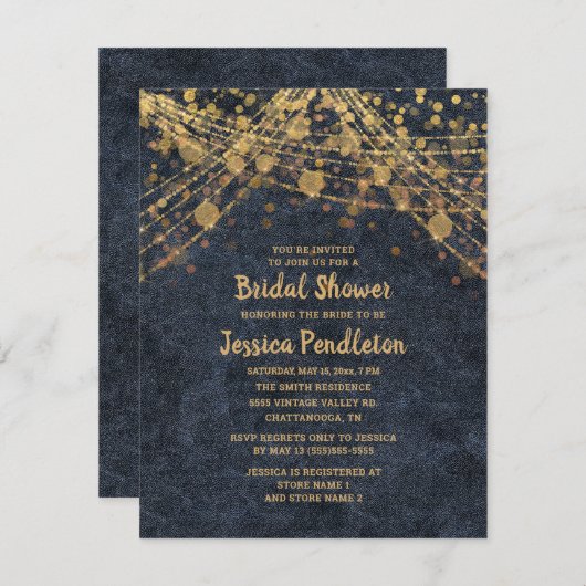 Elegant Navy Blue Gold String Lights Vrijgezellenf Kaart (Voorkant / Achterkant)