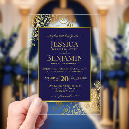 Elegant Navy Blue & Gold Stylish Text Posh Wedding Acryl Uitnodigingen