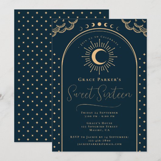 Elegant Navy Blue Gold Sweet Sixteen Kaart (Voorkant / Achterkant)