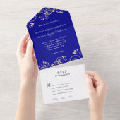 Elegant Navy Blue Gold Swirl Wedding All In One Uitnodiging (Afscheurbaar)