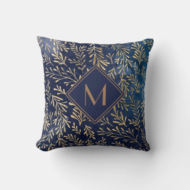 Elegant Navy Blue Gold Waterverf laat monogram ove Kussen (Voorkant)