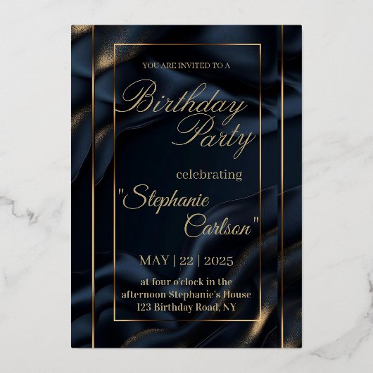 Elegant Navy Blue & Gold Wedding Invitation Folie Uitnodiging (Voorkant)