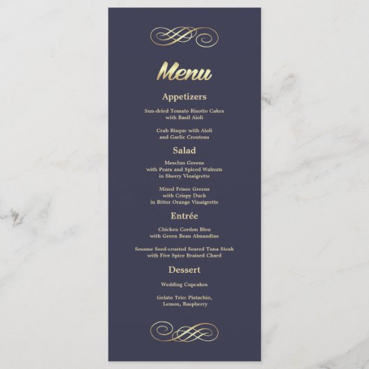 Elegant Navy Blue Gold Wedding Menu Kaarten (Voorkant)