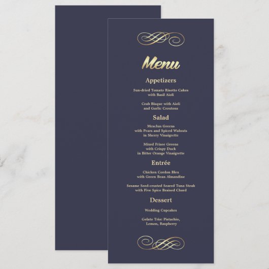 Elegant Navy Blue Gold Wedding Menu Kaarten (Voorkant / Achterkant)