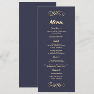 Elegant Navy Blue Gold Wedding Menu Kaarten