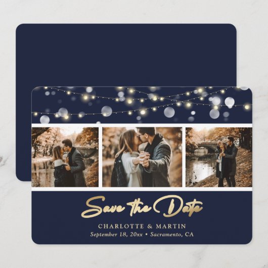 Elegant Navy Blue Gold Wedding Photo Save the Date (Voorkant / Achterkant)