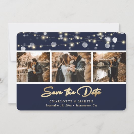 Elegant Navy Blue Gold Wedding Photo Save the Date (Voorkant)