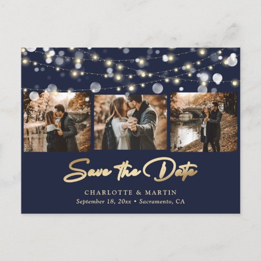 Elegant Navy Blue Gold Wedding Photo Save the Date Aankondigingskaart (Voorkant)