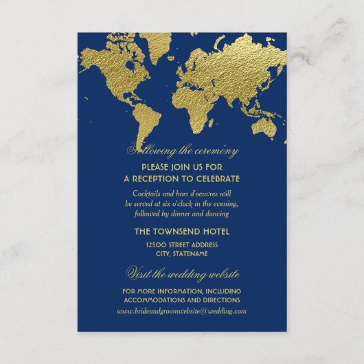 Elegant Navy Blue Gold Wereldkaart Wedding Recepti Informatiekaartje (Voorkant)