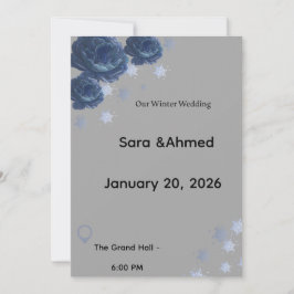 Elegant Navy Blue & Gold Winter Floral Wedding Inv Kaart
