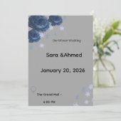 Elegant Navy Blue & Gold Winter Floral Wedding Inv Kaart (Staand voorkant)