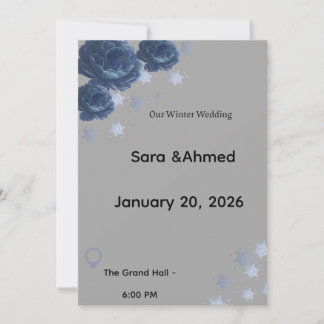 Elegant Navy Blue & Gold Winter Floral Wedding Inv Kaart