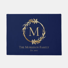 Elegant Navy Blue Gold Wreated Family Name Monogra Deurmat
