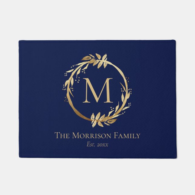 Elegant Navy Blue Gold Wreated Family Name Monogra Deurmat (Voorkant)