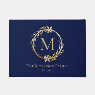 Elegant Navy Blue Gold Wreater Family Name Monogra Deurmat