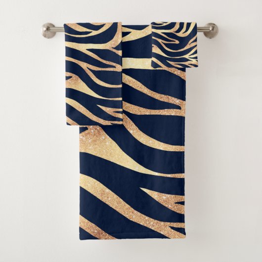 Elegant Navy Blue Gold Zebra Print Bad Handdoek (Insitu)