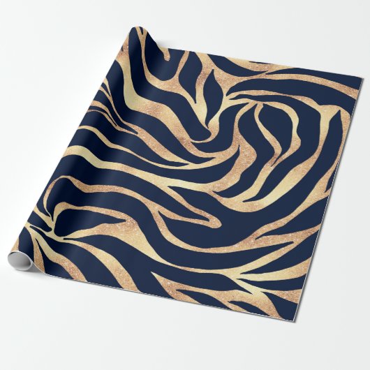 Elegant Navy Blue Gold Zebra Print Cadeaupapier (Uitgerold)