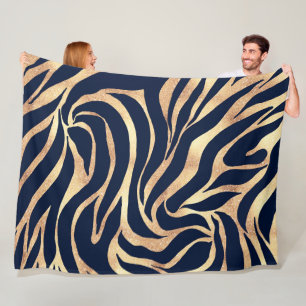 Elegant Navy Blue Gold Zebra Print Fleece Deken