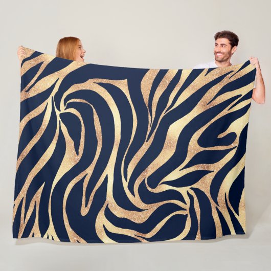 Elegant Navy Blue Gold Zebra Print Fleece Deken (In situ)