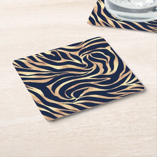 Elegant Navy Blue Gold Zebra Print Kartonnen Onderzetters (Schuin)