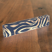 Elegant Navy Blue Gold Zebra Print Naambordje (Zijkant)