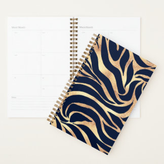 Elegant Navy Blue Gold Zebra Print Planner