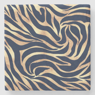 Elegant Navy Blue Gold Zebra Print Stenen Onderzetter