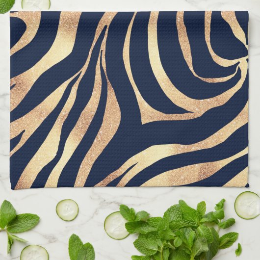 Elegant Navy Blue Gold Zebra Print Theedoek (Gevouwen)