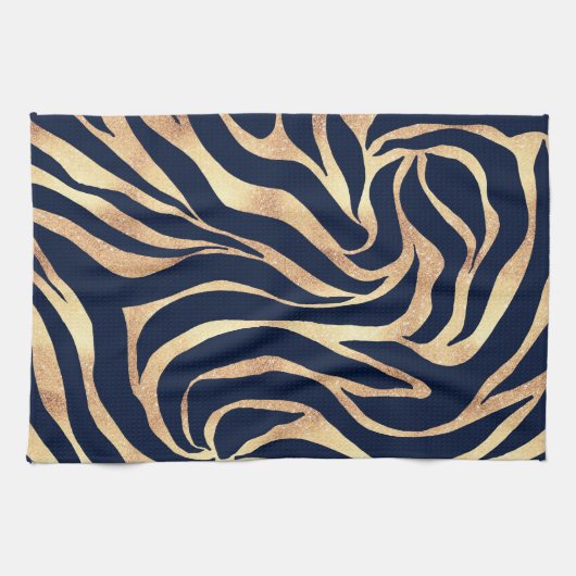 Elegant Navy Blue Gold Zebra Print Theedoek (Horizontaal)
