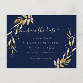 Elegant Navy Blue Golden Foliage Save the Date Aankondigingskaart